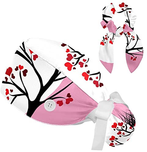 HOHODIY Tree Pink Heart Red Arbeitskappe mit Knopf & Schweißband Verstellbare Unisex Raffhalter Hut Krankenschwester Chirurgische Kappe für Damen, mehrfarbig, M/L