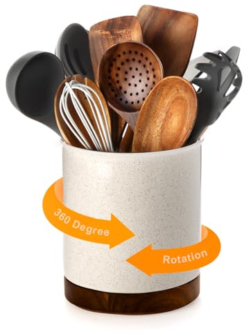 Nucookery Grand porte-ustensiles rotatif à 360°, 18,3 cm, organiseur d'ustensiles de cuisine en céramique blanche avec fond en liège de protection pour plan de travail, décoration de cuisine, cadeau