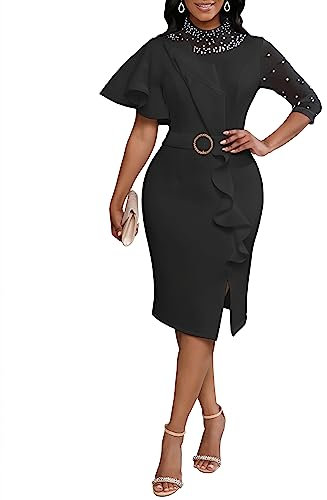 VERWIN Women's Mesh Patchwork Bodycon Midi Dress - Long Sleeve Ruffle Prom Dress in M Black