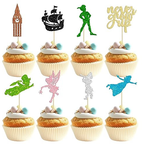 Gyufise 24 Pack Never Grow Up Cupcake Toppers Glitter Ship Neverland Elf Girl Cupcake Picks Night Fairy Tales P Pan Cupcake Decorations for Baby Shower Birthday Party Cake Decorations Supplies