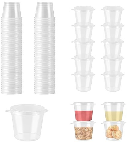 100 Stücke Transparenter Mini-Plastikbecher Aufbewahrungsdosen, Kleine Dosen mit Deckel Plastik, Zutaten mit Deckel Mini Camping Plastik Dosen Set für Soßen Dips und Gefrierdosen Dose Containers