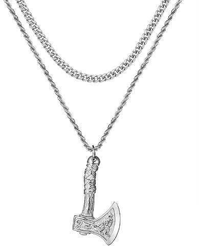OIDEA Men's Viking Thor's Hammer Necklace: 2 Double Chains Curb Chain & Cord Chain with Axe Hammer Pendant Nordic Viking Jewellery Gift for Men Friend Father, Stainless Steel