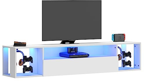 DlandHome TV-Schrank mit LED-Leuchten, 140 cm, Hängeschrank glänzend, mit Aufbewahrungsregal, TV-Bank, Wandmontage, schwimmend, Multimedia-Konsole, mit Haken für Controller & Haken für Kopfhörer