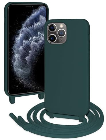 FERLAN Coque avec Cordon pour iPhone 11 Pro,Ultra Mince Antichoc Silicone Liquide Souple Étui avec Cordon Souple Doux Portable Lanyard Couverture Protection,Vert foncé