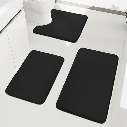 chakme Badezimmerteppich Set 3 Teilig, Weiche Memory-Schaum Badematte und U Förmige wc Vorleger, Badteppich rutschfest Waschbar Badvorleger Set Schwarz