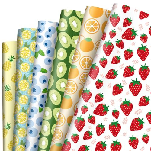 JarThenaAMCS 12 Blatt Obst-Geschenkpapier, Erdbeere, Zitrone, Ananas, Geschenkpapier, Großpackung, Sommer, dekoratives Kunstpapier, flach gefaltet für Geburtstag, Babyparty, Bastelbedarf, 50 x 70 cm