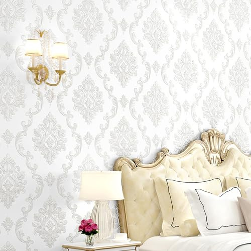 HimYKEA European 3D Flowers Damask Wallpaper Relief Non-Woven Home Decoration Bedroom Living Room TV Background Non-Pasted Wall Paper Roll White 1.73'W x 32.8'L