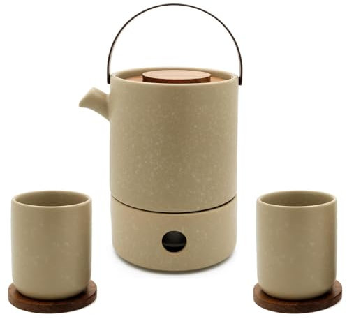 Bredemeijer 6-teiliges Steingut Teekannen Set 1.2 Liter beige - große Keramik-Kanne mit Teewärmer für 1 Teelicht - inkl. 2 Teebecher mit Holzuntersetzer & Tee-Filter