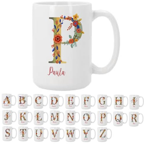 Bee Ingenious Tazas personalizadas con nombre e inicial: Tazas de cafe A-Z de ceramica Tazas de desayuno con letra Taza XL 443ml Tazas originales para regalar Tazas de te A-Z (P)