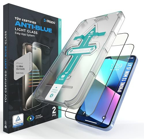 Deppa |2 Pack| Eye Safeguard Certified Anti-Blue Light Screen Protector for iPhone 13 Mini (5.4') Tempered Glass Edge to Edge Full Cover with Easy Installation Kit Tray