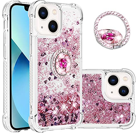 IMIRST Phone Case Compatible with iPhone 15 (6.1'') Bling Liquid Glitter Diamond Ring Shell Shockproof Airbag Protective Cover Bumper Case for Apple iPhone 15. YBK Love Rosegold