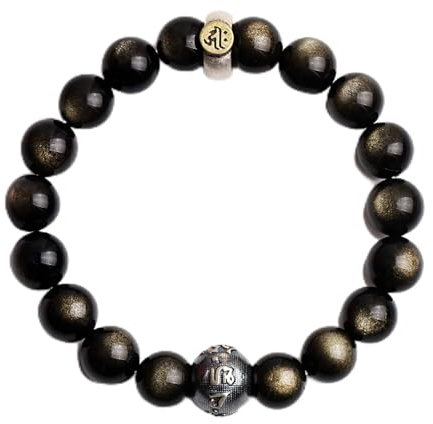 Herren-Armbänder, Obsidian-Armband, Feng Shui Reichtum 8 mm Armband natürlicher goldener Glanz Obsidian Buddha Perlen Armband Reiki Meditation Talisman for Glück, mutiges Glück und Reichtum ( Color :