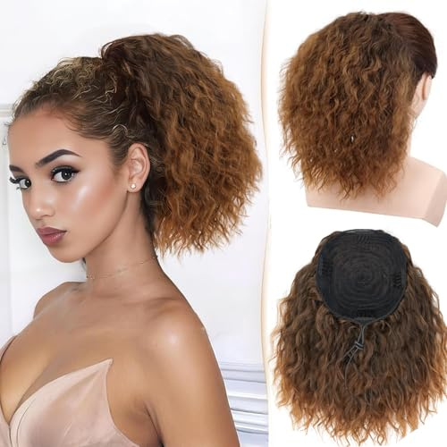 PORSMEER Wellige lockige Pferdeschwanz Haarteil Mit Kordelzug,ombre Auburn braun Afro Zopf Haarteil Ponytail Kurzes weiches natürliches synthetisches Haar Ponytail Extension für Frauen
