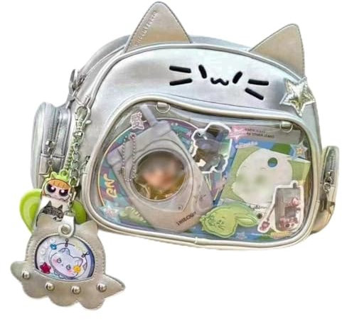 Vobomo Cat Ita Bag Pin-Display Rucksack für Schule, PU-Leder, adretter Rucksack für Mädchen, Y2k, ästhetische Einzel-Umhängetasche, Silber, Kawaii