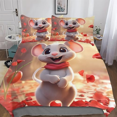 PAZZK Maus Muster Bettwäsche-Set 3D-Bettbezug Für Mädchen Und Jungen, 3-teiliges Set, Deckenbezug Mit Kissenbezug Atmungsaktiver Mikrofaser Bettbezüge King (220x240cm)