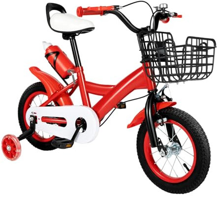 PurpleMinder 12 Zoll Kinderfahrrad für 2-4 Jahre, Bequemer Kinder Fahrrad mit PU Sitz, Stützräder, V-Brake Bremsen, Anti-Rutsch-Armlehne und Schutzbleche, Höhenverstellbar (Rot)