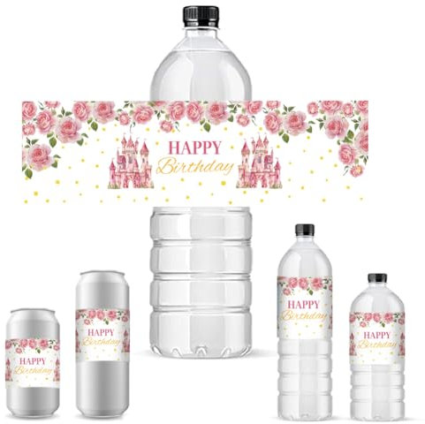 PH PandaHall 30pcs Étiquettes de Bouteilles d'eau Happy Birthday, Etiquettes Adhésives de Bouteilles d'eau Etiquettes Imperméables de Fleurs de Château pour Les Fêtes d'anniversaire, 21.6x6.4cm
