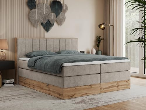 MKS MEBLE King Boxspringbett 180x200 Mit Bettkasten Eiche, Polsterbett Mit Matratze H3, Bett Mit Rahmen in Wotan Eiche und Kopfteil - Beige Struktur - Bellissimo King