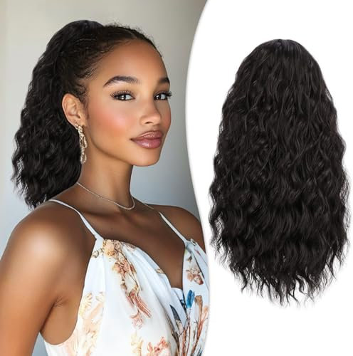 RUWISS Haarteil Schwarz Braun Lockig Pferdeschwanz, 40cm Clip in Gewellt Ponytail Extension Lang Pferdeschwanz Zopf Extensions Synthetik Haarverlängerung für Frauen Damen