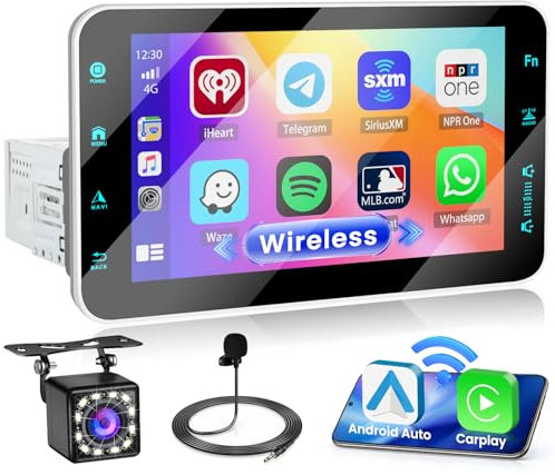 Hikity Radio Coche 1 DIN Carplay Inalámbrico Android Auto Wireless Pantalla Táctil Giratoria 8 Pulgadas, Autoradio Bluetooth con Pantalla para Coche EQ FM Am RDS USB SWC+Cámara Trasera