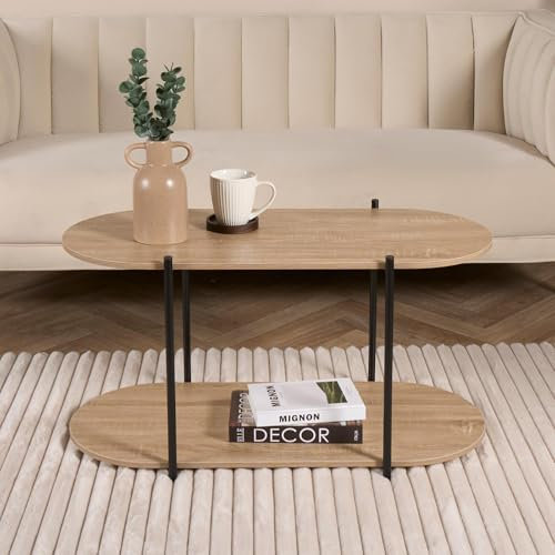 OHS 2 Layer Coffee Table, Decorative Side Table Living Room Study Metal Frame Small Wooden Coffee Tables Home Office Centre Table - Natural, 85 x 45 x 40cm