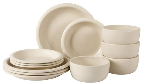 Bloomhouse - Oprah's Favorite Things - Corsica Clay 12 Piece Stoneware Rustic Reactive Glaze Dinnerware Set - Stackable Plates and Bowls Set. Service for 4 - Matte Sea Salt White