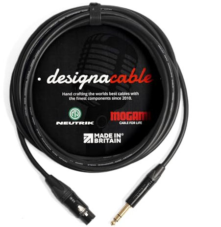 designacable.com 30m - Low Capacitance' Balanced Female XLR to TRS Jack Cable - Handmade in the UK using Mogami W2549 Microphone Cable & Neutrik NC3FXX-B XLR & NP3X-B TRS Jack.