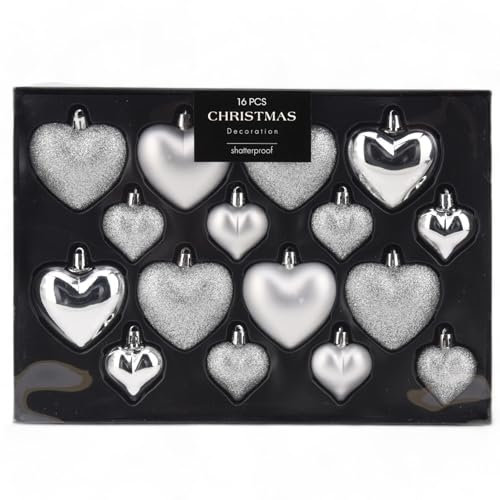 MIJOMA 16-teiliges Christbaumkugel-Set, bruchsicher, 2 Größen 65mm & 45mm, Weihnachtsanhänger – Herzform oder Sternform, Weihnachtsbaumschmuck Matt, Glänzend, Glitter (Silber, Herz)