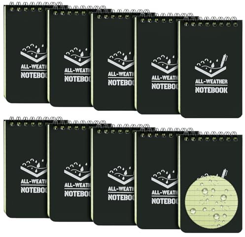 BOJVESH Confezione da 10 quaderni impermeabili da 7,6 x 12,7 cm, per tutte le stagioni, mini blocco note a spirale con griglia, blocchi promemoria Steno per esterni, ufficio (nero)