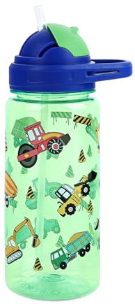 Queenshin Botella Agua Niños Con Pajita,Sin BPA,600ML Vehículo De Ingeniería Verde Sin Fugas,Robusta y Duradera,Boca Suave De Silicona,Portátil Para La Escuela, Deportes, Viajes
