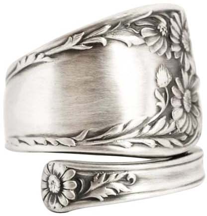 SHINROAD Allergy-Free Ring Longevity Ring Sunflower Spoon Adjustable Ring Boho Vintage Finger Open Ring for Women Men Jewelry Antique Silver