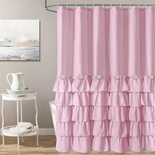 Seasonwood Pink Ruffle Shower Curtain - Girly Cute Button Farmhouse Style Fabric Blush Shower Curtain for Bathroom