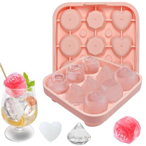 Rose Large Ice Cube Mold, Silicone Ice Cube Tray, 9 Cavities, Pink, Heart and Diamond Shape, BPA Free, Silicone Trays for Whiskey, Cocktails, Juice and Coffee