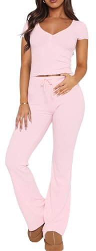 LACOZY Survêtement d'été à manches courtes deux pièces pour femme - Pantalon large et droit - Vêtements de sport décontractés, rose, S