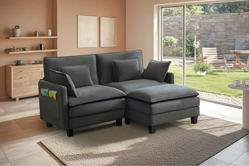 ZRNINR L-förmiges modulares Ecksofa mit Ottomane, 3-Sitzer-Sofa mit tiefer Sitzfläche, bequemes Wolkensofa mit Kissen, modernes Sofa für Wohnzimmer, Schlafzimmer, Wohnung, Büro (194CM, Dunkelgrau)