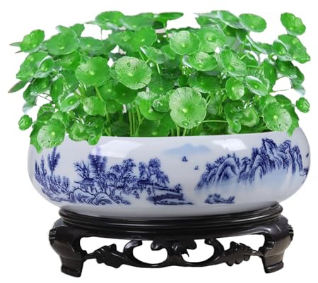 NASSMOSSE Blue & White Ceramic Lotus Planter with Base, Decorative Round Flowerpot for Garden & Office