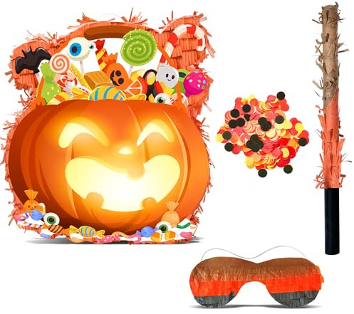 Halloween Pinata-Halloween Kürbis Pinata Set mit Stock Augenmaske HalloweenPartyspiel für Deko,Gruselige Kürbis PiñataKinder Erwachsene