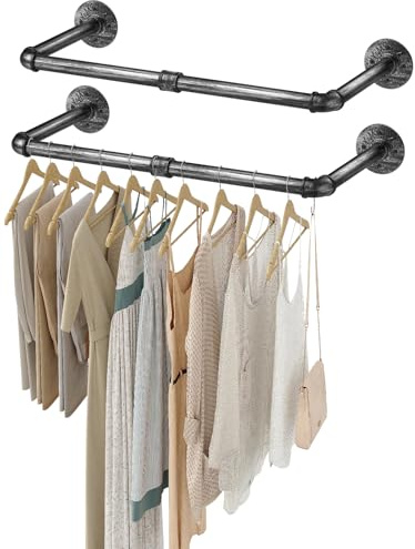 eSynic 2pcs 60cm Tringle à Vêtement Mural Capacité de Charge de 25kg Amovible Barre de Penderie Murale 60x25cm Portant à Vêtements Murale Industriel pour Entrée Vestiaire Salle de Bain Restaurant-Noir