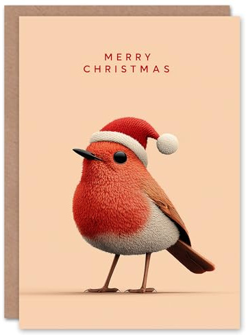 Artery8 Christmas Card Cute Robin Bird Wearing a Santa Hat