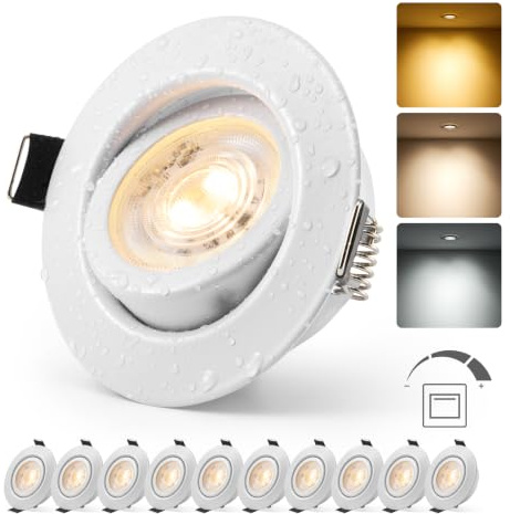 HOMEOW LED Einbaustrahler 230V Metallgehäuse Dimmbar IP44 Weiß 10er Set | LED Spots Lochmaß 68mm - 80mm Badezimmer Deckenspots Flach Schwenkbar 6W Warmweiß Neutralweiß Kaltweiß 3-Stufen-Dimmung