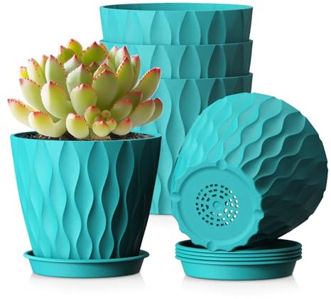 WSMKSZ 10cm Plant Pots Indoor, 5 Pack Decorative Small Plastic Flower Pots | Nursery Pots with Saucers and Drainage Holes, 3D Modern Wave Texture, for Succulents, Cactus & House Plants, Blue Green