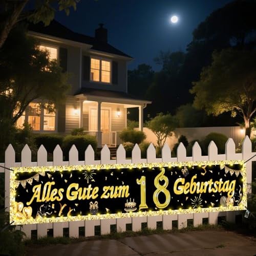 Seutgjie 18. Geburtstag Deko Geburtstagsbanner mit LED Licht 40 * 270CM | Banner 18 Geburtstag Junge Mädchen Hintergrund Dekoration Gold Schwarz