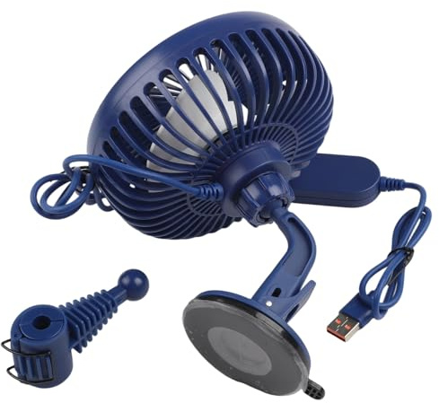 FUANA 12 V/24 V Auto-Ventilator mit Drei-Gang-Steuerung, 360° Drehung, USB-Lade- und Saugnapf-Basis für LKW und Fahrzeuginnenraum (blau)