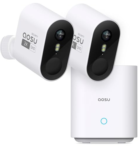 aosu Telecamera 2K esterna, batteria 240 giorni, 2 kit Aosubase 32GB memoria locale senza abbonamento, wireless, sensore movimento, allarme luce/suono, audio bidirezionale, visione notturna a colori
