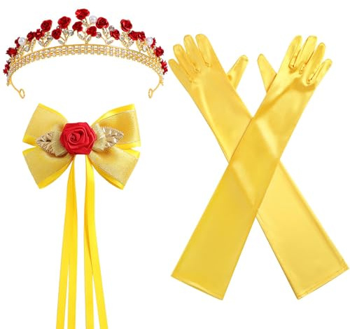 VelvetGlow 3 Stück Prinzessinnen Rosenkrone Tiara Haarschleife Gelbe Handschuhe Damen Verkleidung Party Kostüm Accessoires