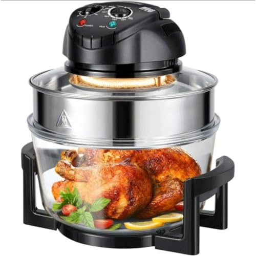 17L Halogen Oven Air Fryer, 2 in 1 Convection Cooker with Glass Lid & Extender Ring - 1400W Oil-Free Frying, Baking, Roasting & Grilling, Includes Full Accessories, Glass Air Fryer with 60-Min Timer