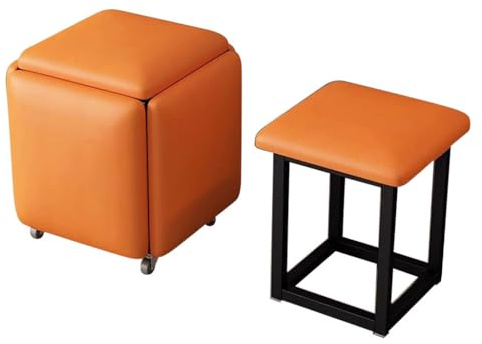 LEIYTFE 5 in 1 Stackable Sofa Chair Stools Nesting Stools,Leather Small Poufs Foot Stool Coffee Table Movable Footstools,Modern Cubes Stool(Orange)