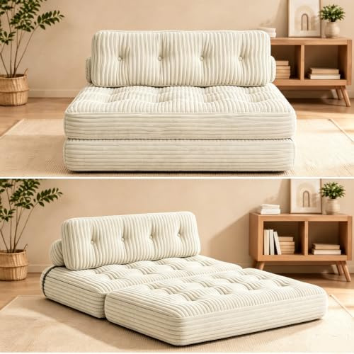 Xbro Faltbares Klappsofa 2-in-1 Mit Schlaffunktion, Gästebett Für Kleine Räume, Cordstoff, Verstellbare Kopf- Und Rückenstütze, 180 x 130 cm, Beige