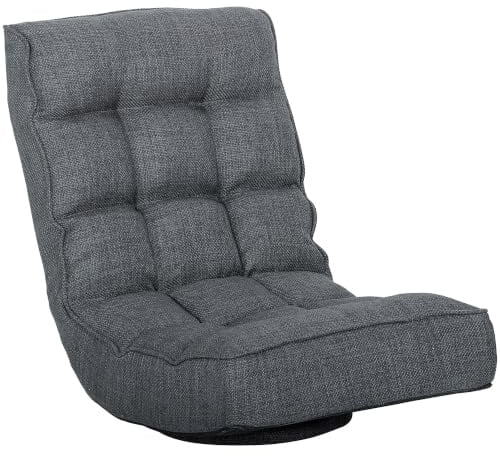 HOMCOM Silla de Suelo Plegable Respaldo Ajustable 58x107x79 cm Gris | Silla de Lectura Giratoria 360°, en 5 Posiciones, Sofá de Suelo de Lino y Acolchado, para Meditación y Gaming