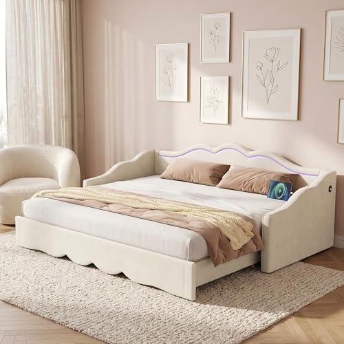 Merax Polsterbett Daybett 90x200 cm ausziehbar auf 180 cm, Tagesbett mit LED-Beleuchtung & USB-C Ladestation, Schlafsofa, platzsparendes Sofabett mit Tagbett-Funktion, Samt, Beige (ohne Matratze)